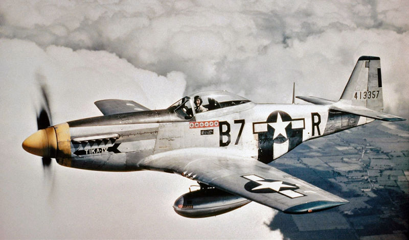 Lt. Vernon L. Richards pilots his P-51D Mustang Tika IV somewhere over England, circa 1944-1945. (US Air Force)
